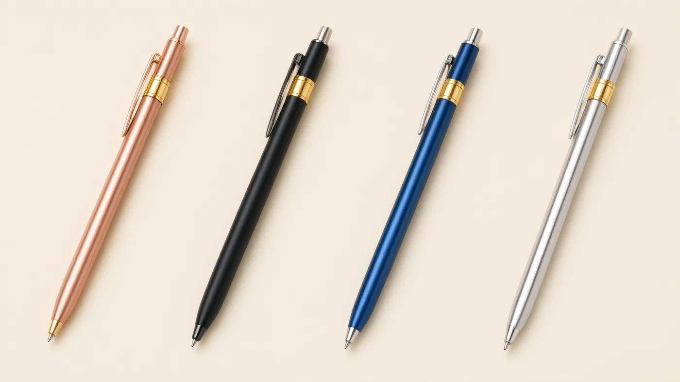 Four anodized magnetic lead holders in rose gold, black, blue and silver