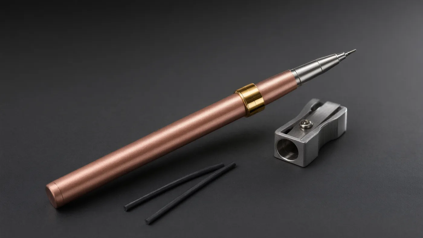 Rose gold magnetic 2.0mm mechanical pencil with sliding brass ring, lead refills and mini sharpener