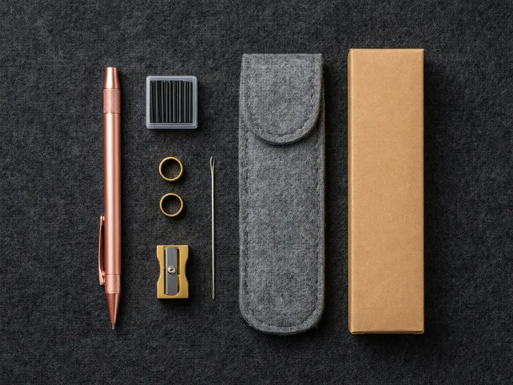 Flat lay of the complete 8-piece kit: pencil, lead refill box, mini sharpener, spare rings, cleaning pin, felt pouch, manual, gift box