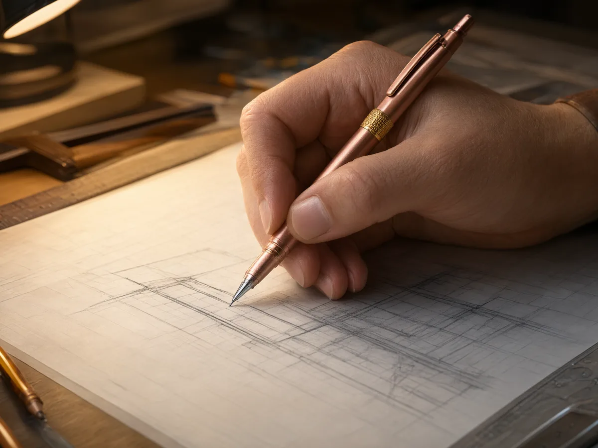 Architect's hand sketching on tracing paper with a rose gold magnetic mechanical pencil