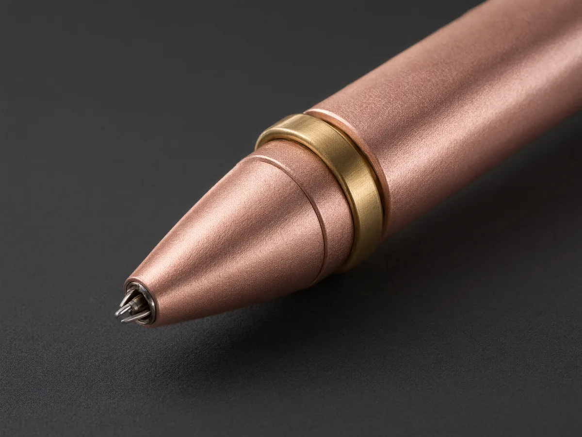 Macro detail of the brass magnetic ring on the nose cone of the pencil